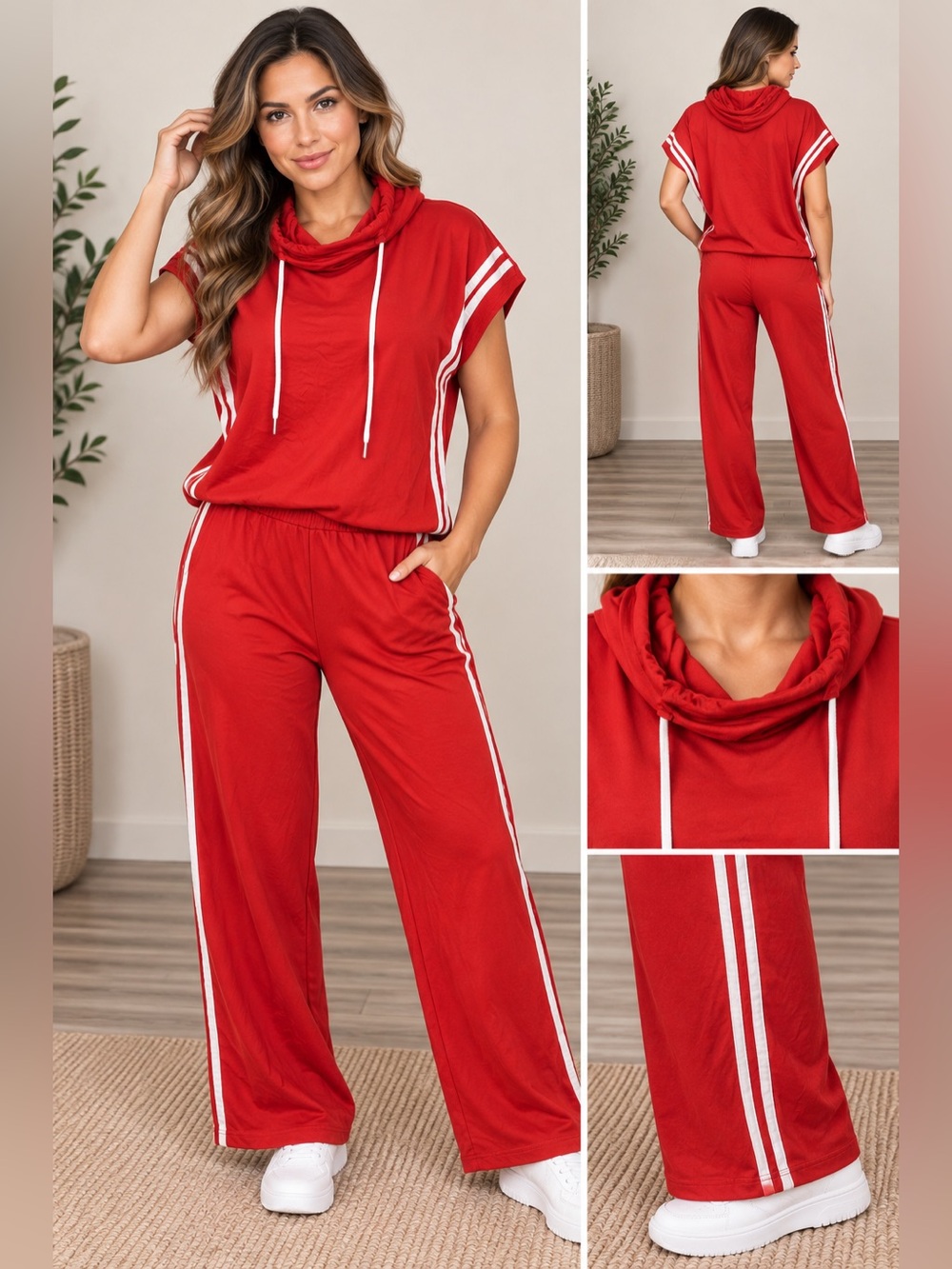 Women’s Red Two-Piece Lounge Jumpsuit with Stripe Detail